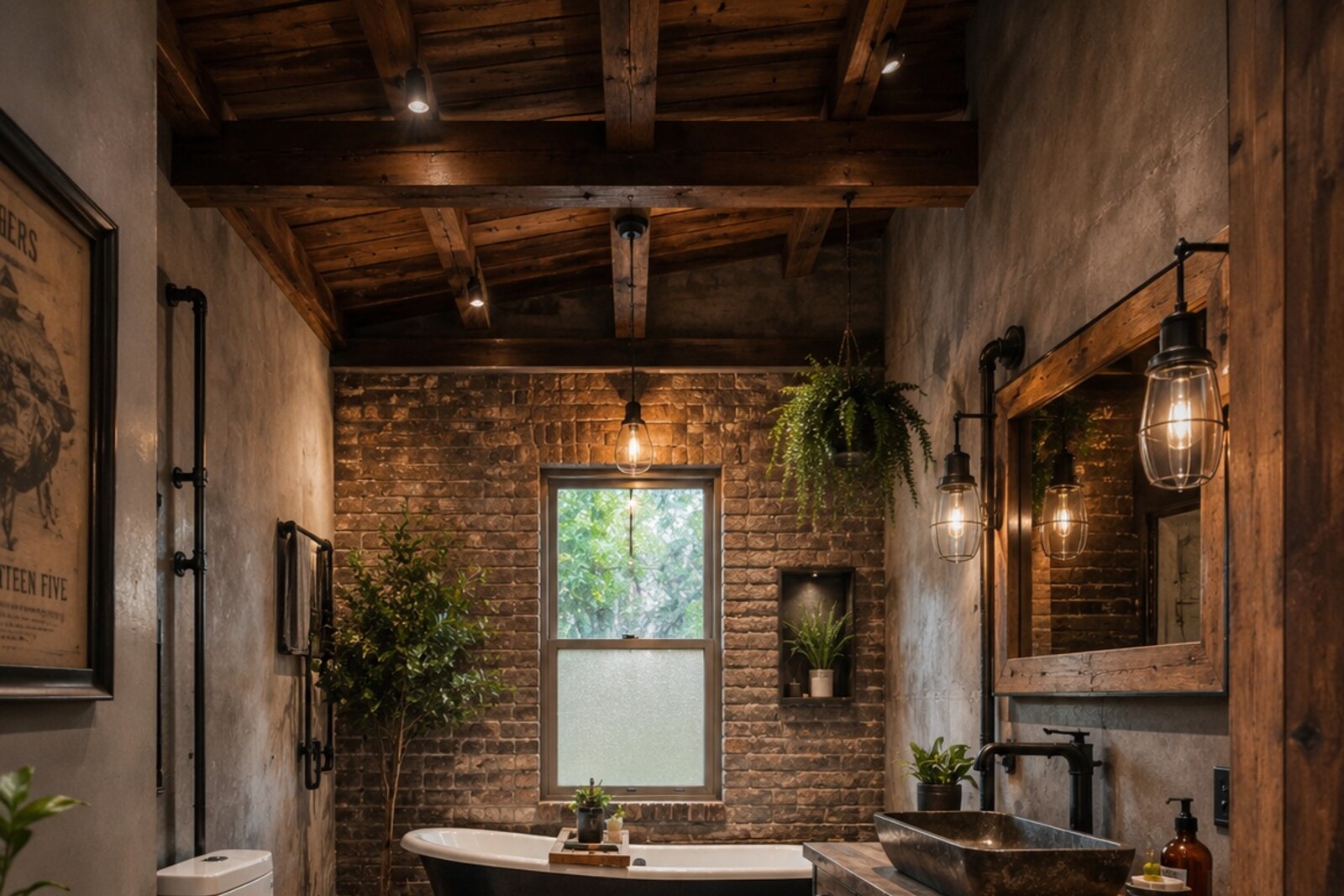Rustic-luxe bathroom remodel with exposed brick and clawfoot tub